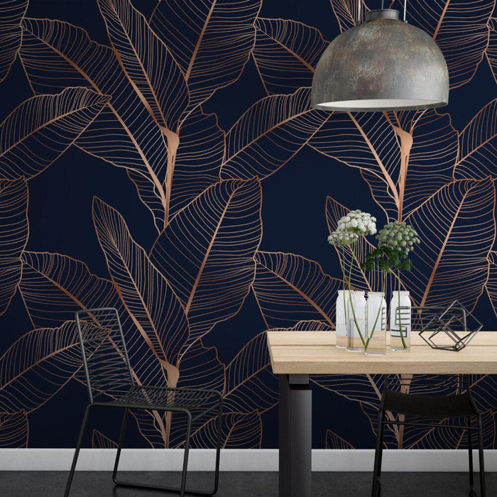 Bronze Leaf Wallpaper: Navy Blue Tropical Mural