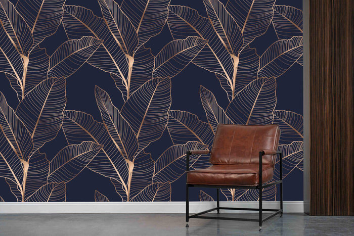 Bronze Leaf Wallpaper: Navy Blue Tropical Mural