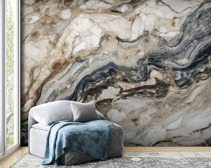 Brown Veined Marble Wallpaper: Light Stone Texture, Peel & Stick