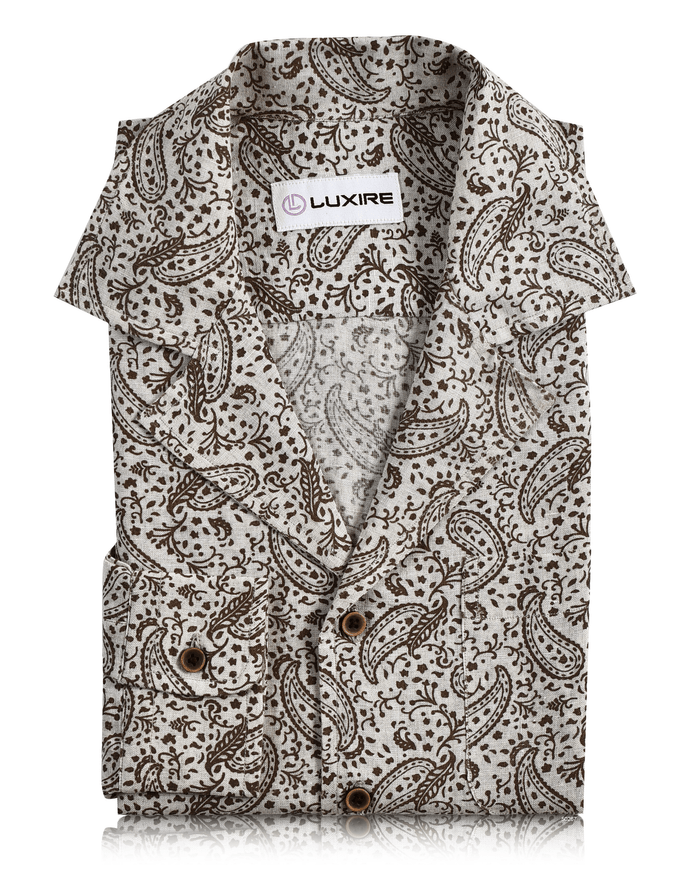 Camp Collar Shirt in Linen Brown Printed Paisely