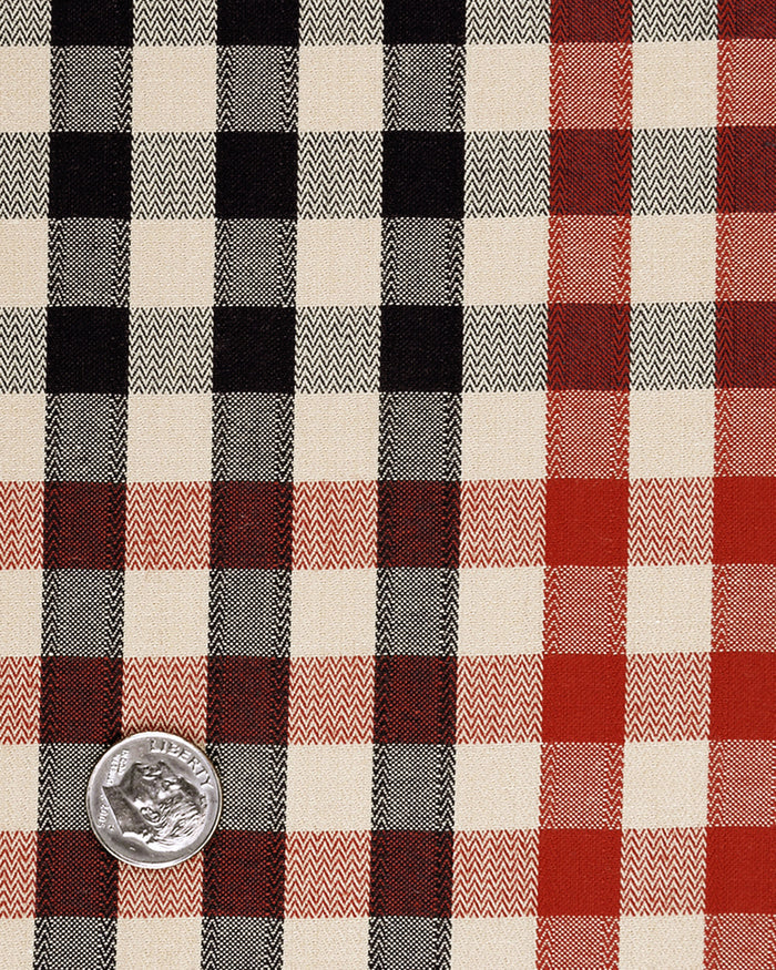 Close up view of custom check shirts for men by Luxire red and black