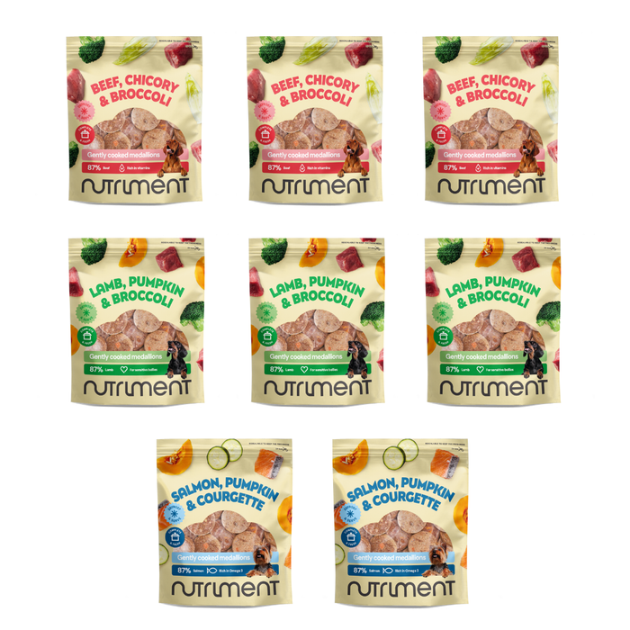 Eight Chicken-Free Fresh Bundle dog food packs (8 x 800g), ideal for sensitive dogs, each with colorful labels.