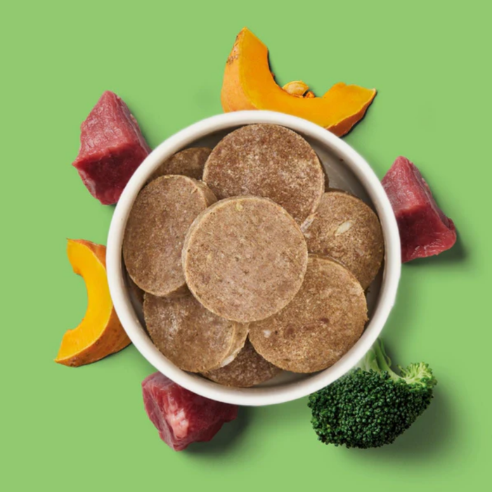 Chicken-Free Fresh Bundle dog food patties with pumpkin and broccoli on a green background (8 x 800g).