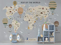 Children's World Map Wallpaper: Blue Tones, Animals, Explorers