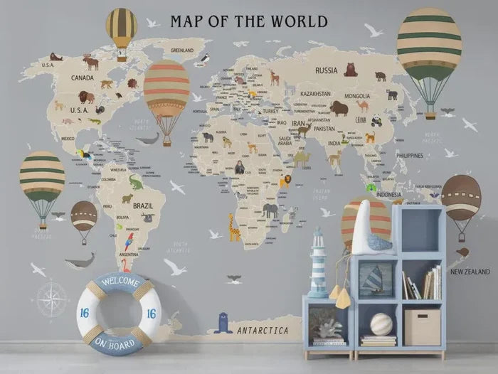 Children's World Map Wallpaper: Blue Tones, Animals, Explorers