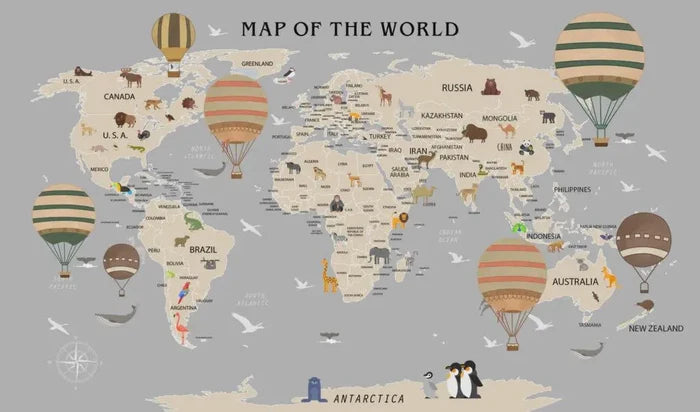 Children's World Map Wallpaper: Blue Tones, Animals, Explorers