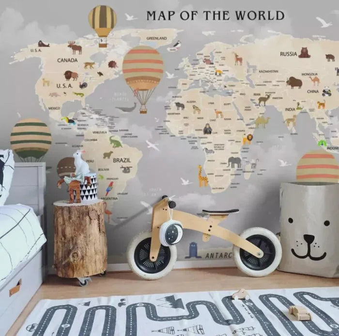 Children's World Map Wallpaper: Blue Tones, Animals, Explorers