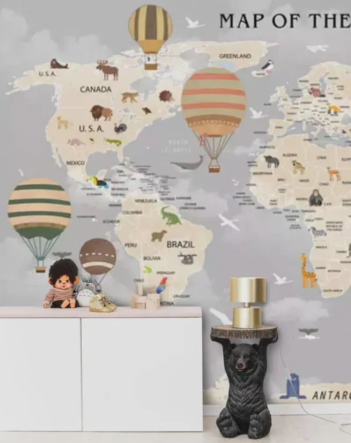 Children's World Map Wallpaper: Blue Tones, Animals, Explorers