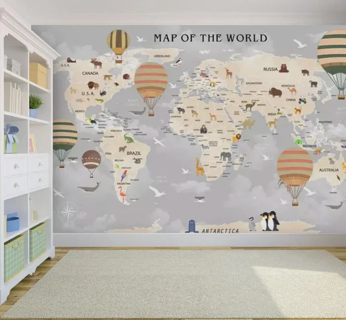 Children's World Map Wallpaper: Blue Tones, Animals, Explorers