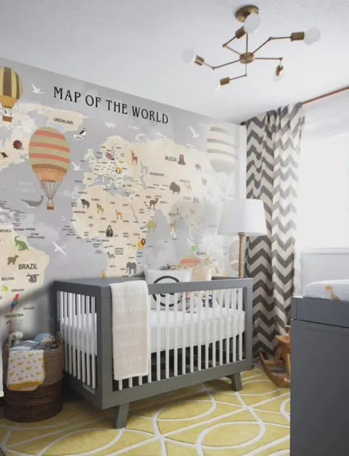 Children's World Map Wallpaper: Blue Tones, Animals, Explorers