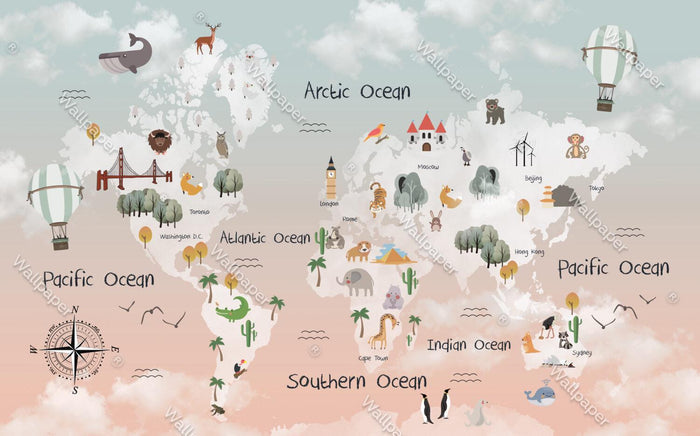 Children's World Map Wallpaper: Sky Patterned Animals, Nursery Decor