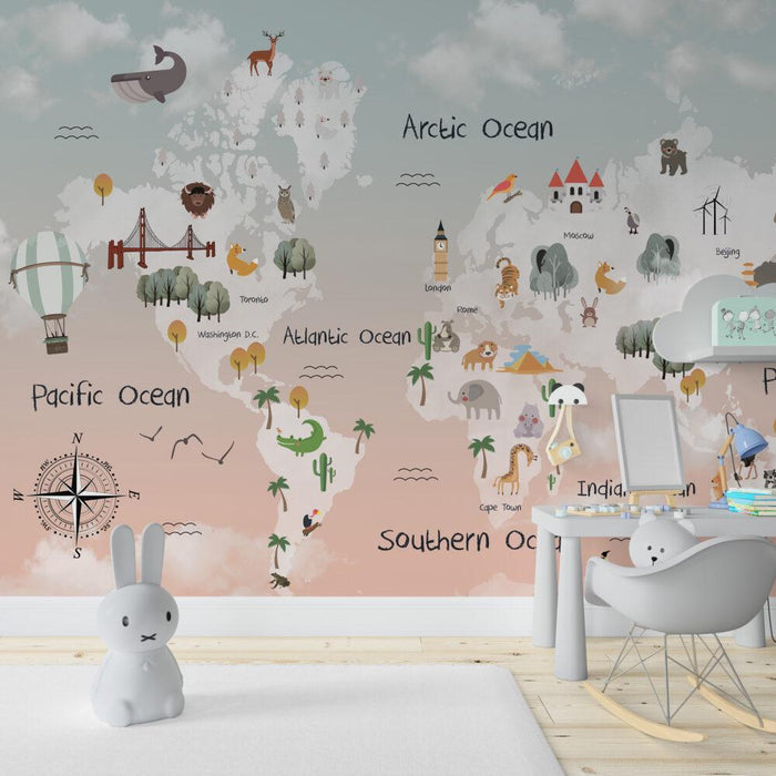 Children's World Map Wallpaper: Sky Patterned Animals, Nursery Decor
