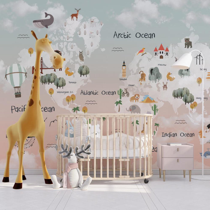 Children's World Map Wallpaper: Sky Patterned Animals, Nursery Decor
