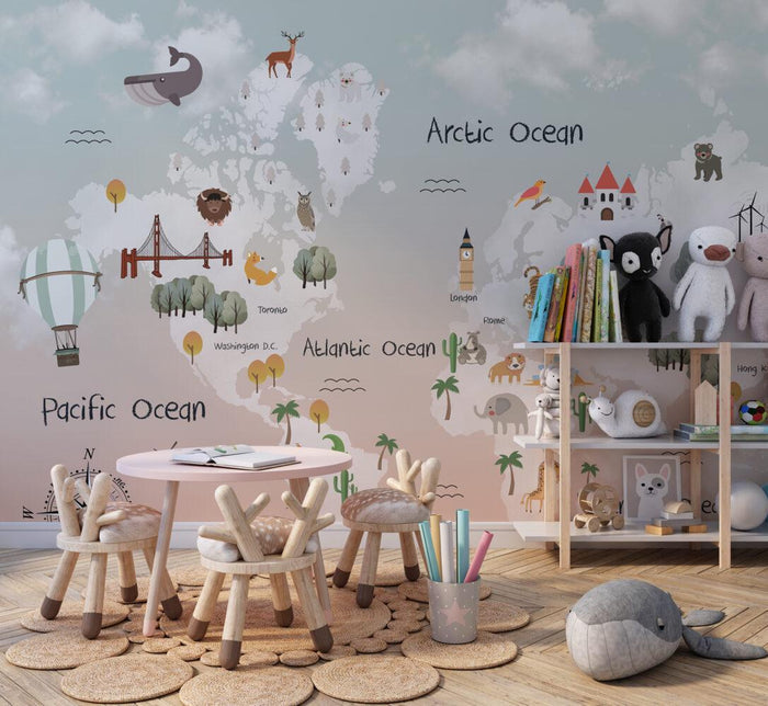 Children's World Map Wallpaper: Sky Patterned Animals, Nursery Decor