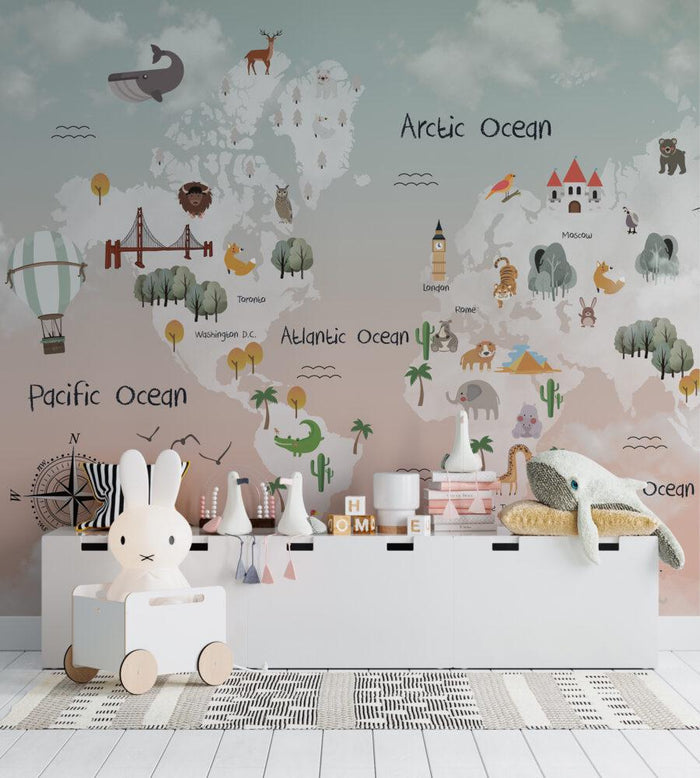 Children's World Map Wallpaper: Sky Patterned Animals, Nursery Decor