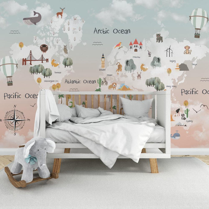 Children's World Map Wallpaper: Sky Patterned Animals, Nursery Decor