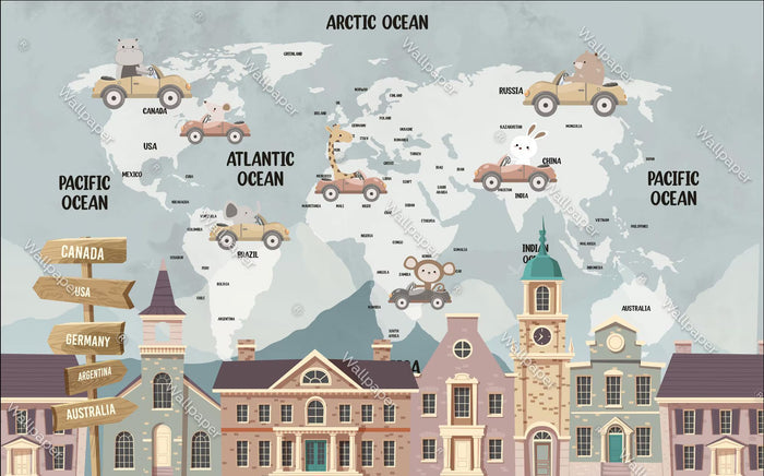 Children's World Map Wallpaper with Cars: Nursery Decor (Peel and Stick)