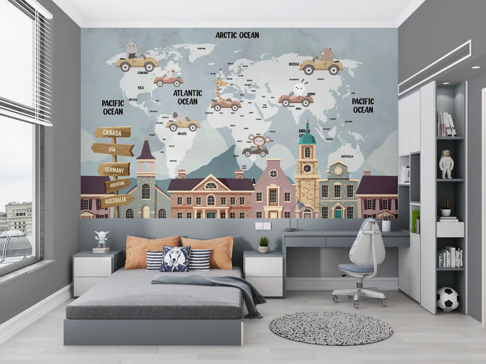 Children's World Map Wallpaper with Cars: Nursery Decor (Peel and Stick)