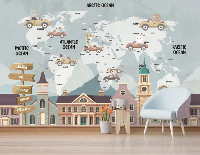 Children's World Map Wallpaper with Cars: Nursery Decor (Peel and Stick)
