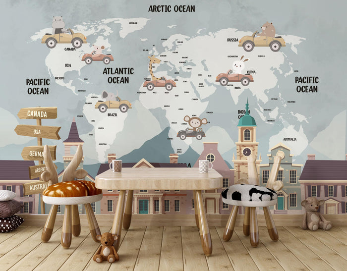 Children's World Map Wallpaper with Cars: Nursery Decor (Peel and Stick)