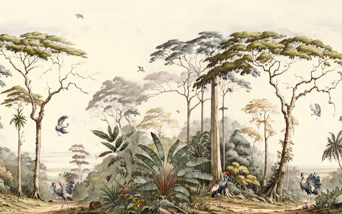 Chinoiserie Crane Birds Wallpaper: Elegant Trees Mural