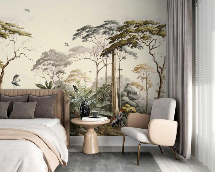 Chinoiserie Crane Birds Wallpaper: Elegant Trees Mural