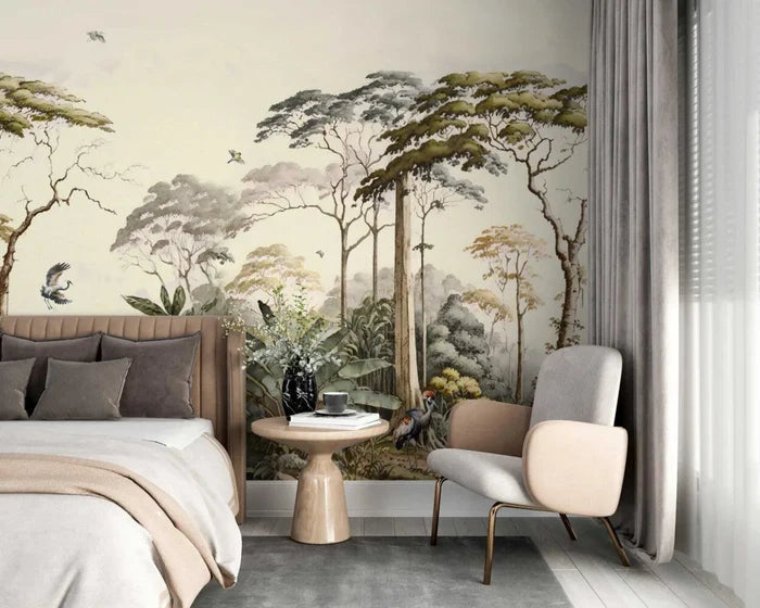 Chinoiserie Crane Birds Wallpaper: Elegant Trees Mural