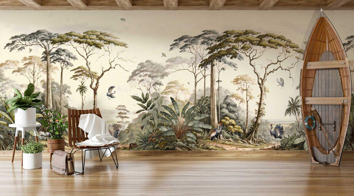 Chinoiserie Crane Birds Wallpaper: Elegant Trees Mural