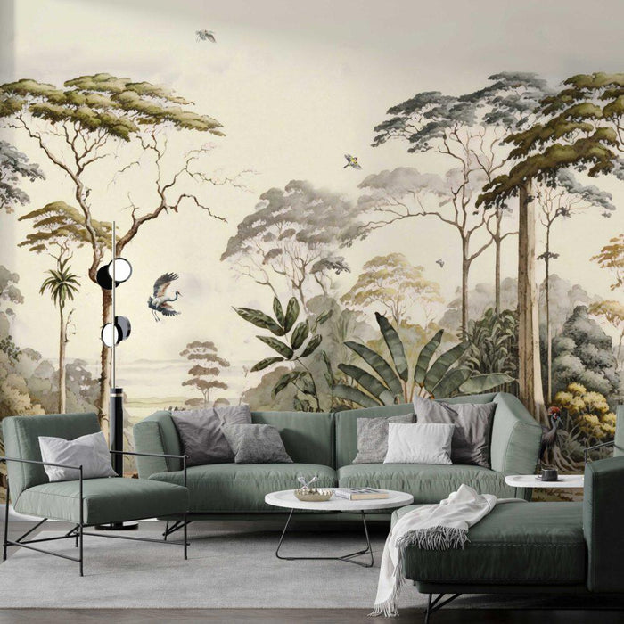 Chinoiserie Crane Birds Wallpaper: Elegant Trees Mural