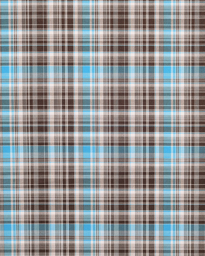 Closeup view of custom check shirts for men by Luxire choco brown and blue