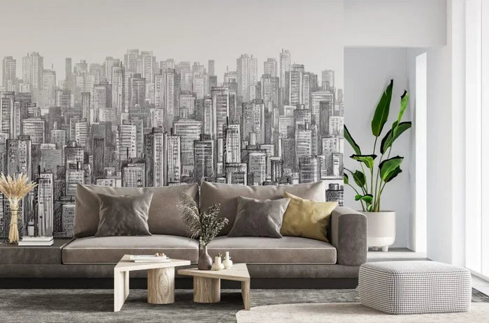 Cityscape Pencil Drawing Wallpaper: Modern Building Wall Mural (Peel and Stick)