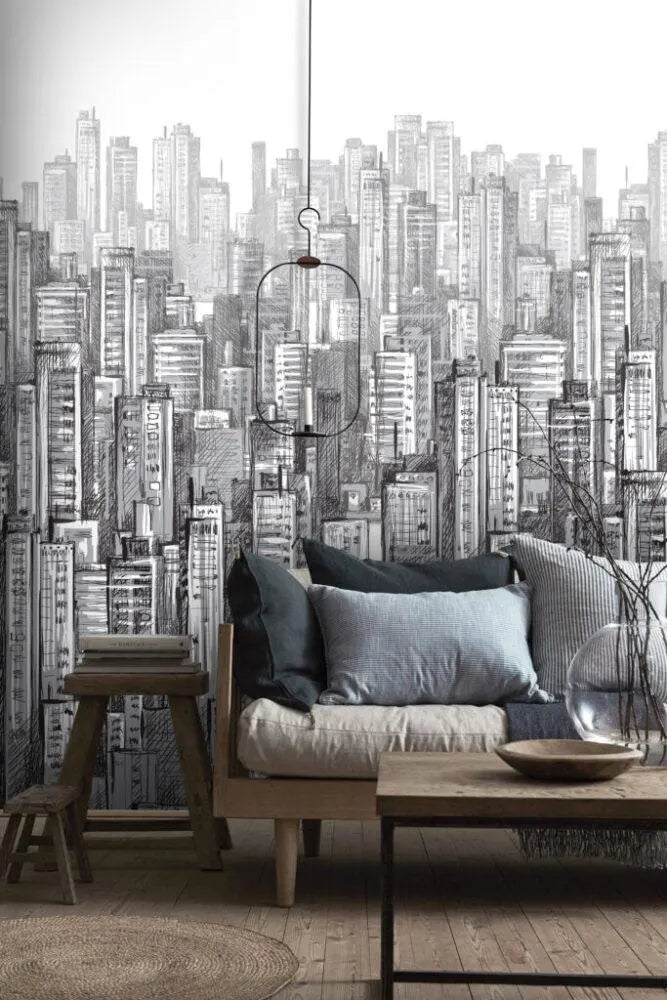 Cityscape Pencil Drawing Wallpaper: Modern Building Wall Mural (Peel and Stick)