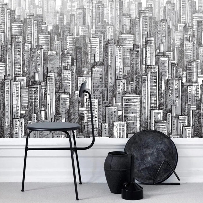 Cityscape Pencil Drawing Wallpaper: Modern Building Wall Mural (Peel and Stick)