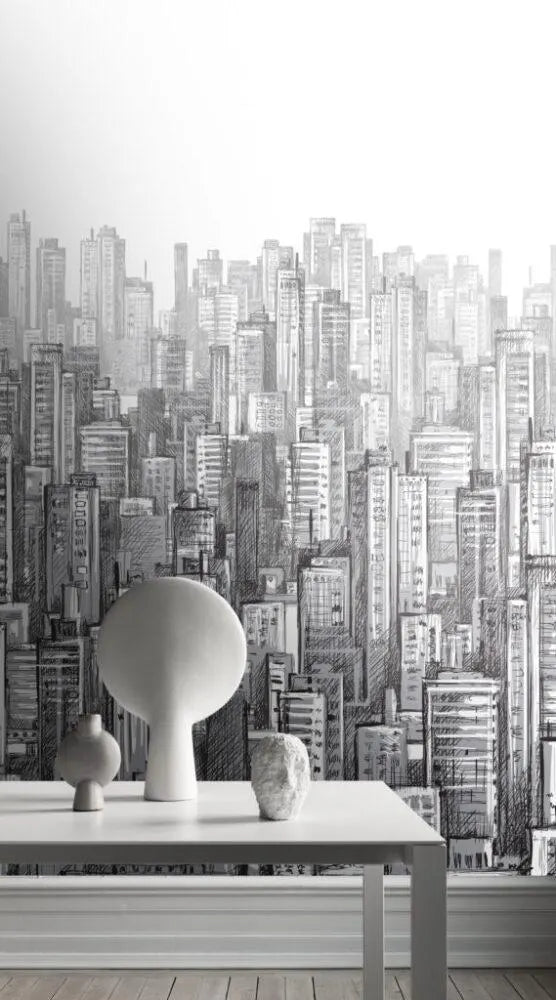 Cityscape Pencil Drawing Wallpaper: Modern Building Wall Mural (Peel and Stick)
