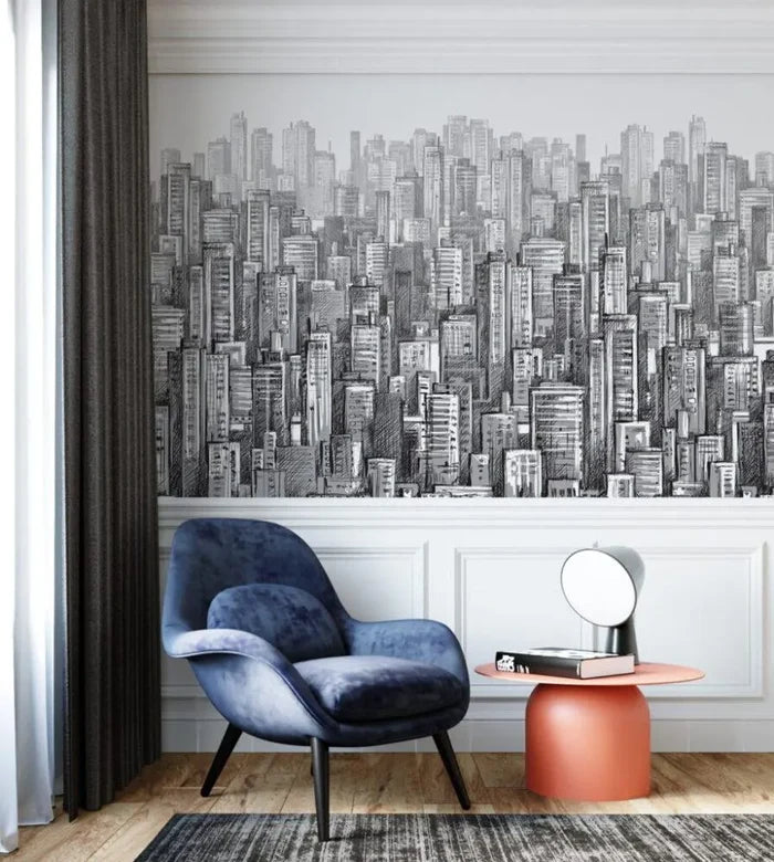 Cityscape Pencil Drawing Wallpaper: Modern Building Wall Mural (Peel and Stick)