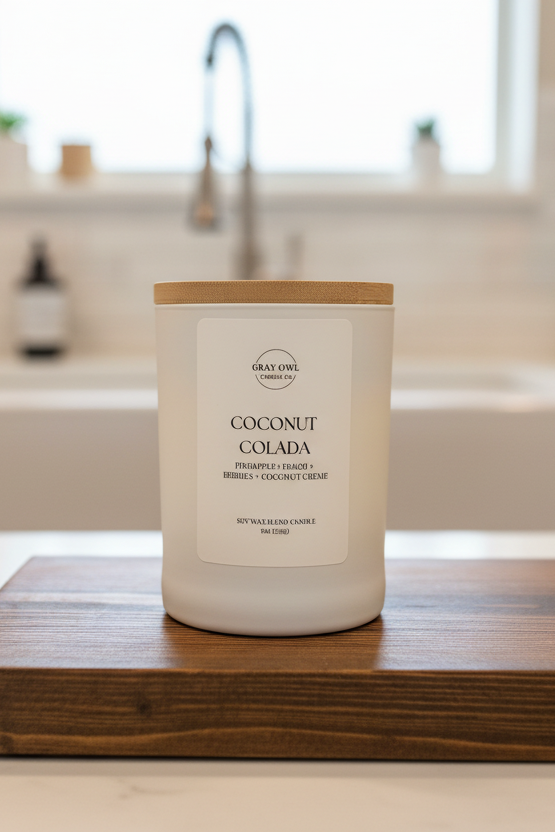 Bottle of coconut colada candle on a wooden surface with a blurred background