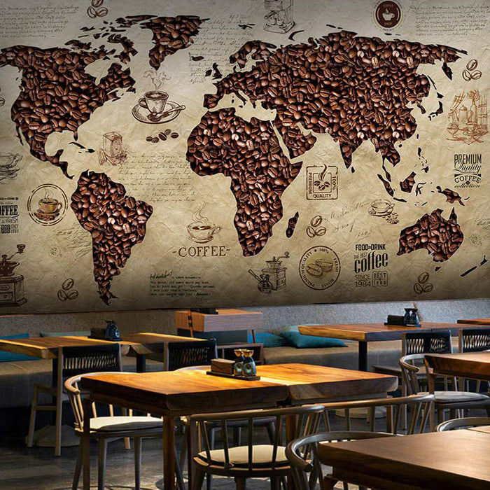 Coffee Bean World Map Wallpaper: Cafe Restaurant Wall Decor
