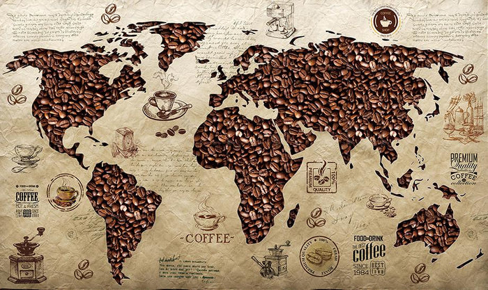 Coffee Bean World Map Wallpaper: Cafe Restaurant Wall Decor
