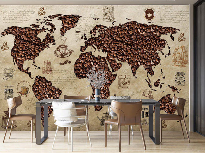 Coffee Bean World Map Wallpaper: Cafe Restaurant Wall Decor