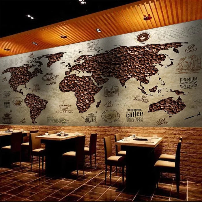 Coffee Bean World Map Wallpaper: Cafe Restaurant Wall Decor