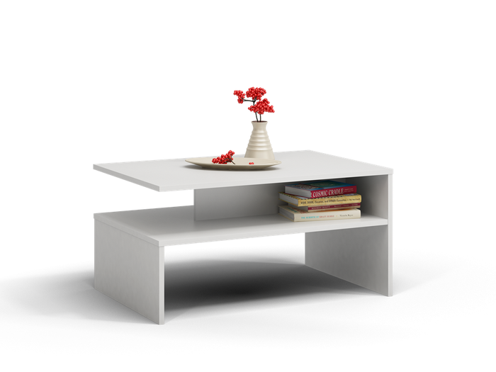 COFFEE TABLE BOSSY WHITE 90X60CMDIMENSIONS: Height: 45 cm Width: 90 cm Depth: 60 cm Table top: 60 x 90 cmTabletop thickness: 16 mmUsage:The surface of the furniture should be cleaned with a soft cloth. Avoid using harsh chemicals.In the package:Assembly i