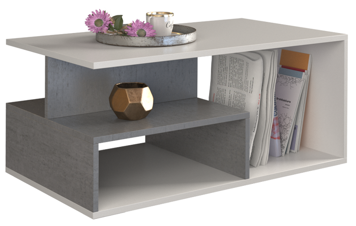 COFFEE TABLE PRIMA WHITE / GREY 90X51CMDIMENSIONS: Width: 90 cm-Depth: 51 cmHeight: 43 cm Usage: The surface of the furniture should be cleaned with a soft cloth. Avoid using harsh chemicals. In the package: Assembly instructions with all necessary assemb