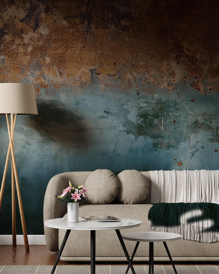 Concrete-Look Wallpaper in Blue and Brown Tones: Rusty Deco Art Wall Mural