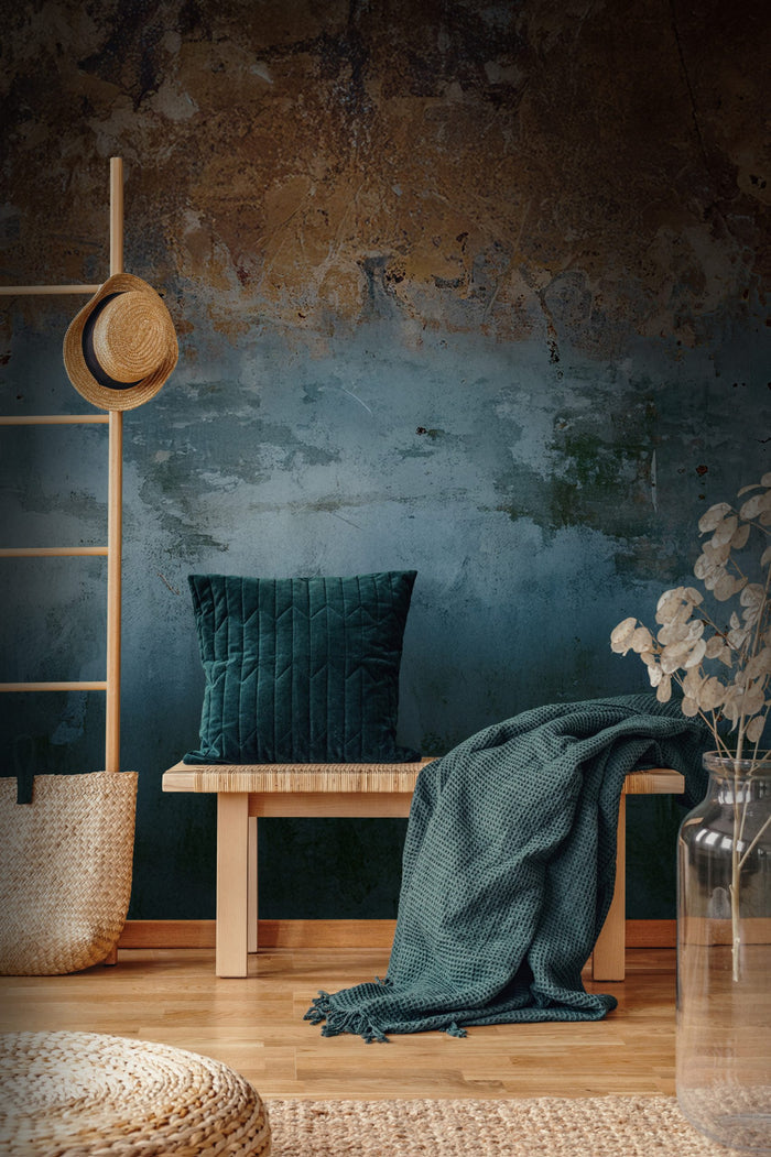 Concrete-Look Wallpaper in Blue and Brown Tones: Rusty Deco Art Wall Mural