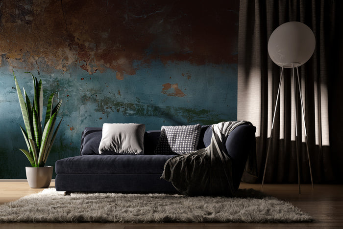 Concrete-Look Wallpaper in Blue and Brown Tones: Rusty Deco Art Wall Mural