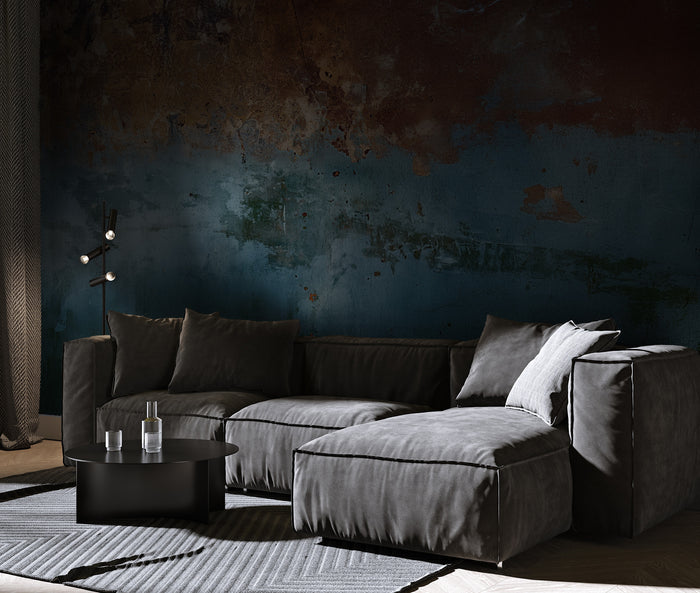 Concrete-Look Wallpaper in Blue and Brown Tones: Rusty Deco Art Wall Mural