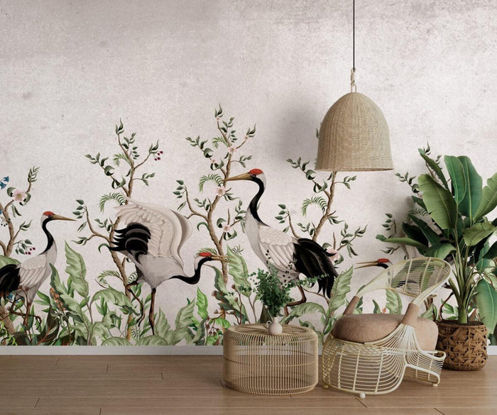 Crane Bird Wallpaper: Bohemian Nature Mural, Peel and Stick