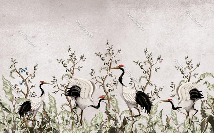 Crane Bird Wallpaper: Bohemian Nature Mural, Peel and Stick