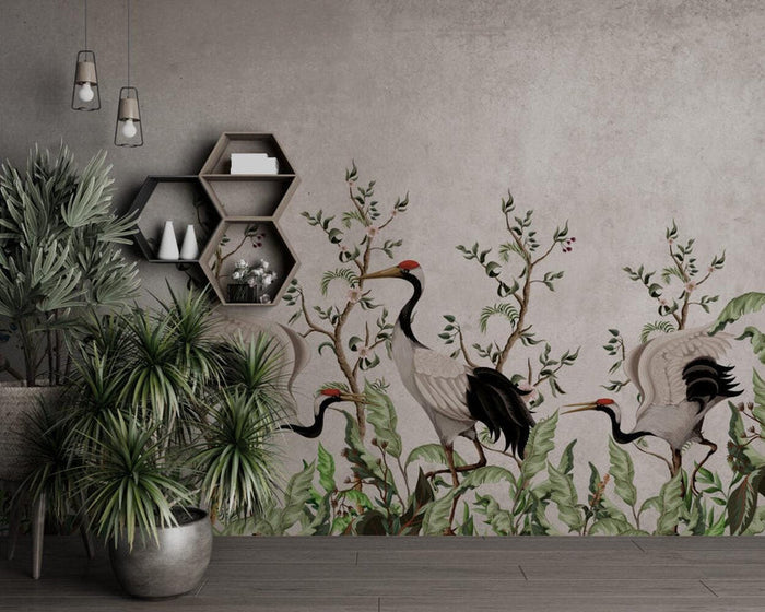 Crane Bird Wallpaper: Bohemian Nature Mural, Peel and Stick