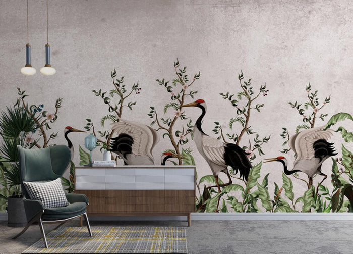 Crane Bird Wallpaper: Bohemian Nature Mural, Peel and Stick